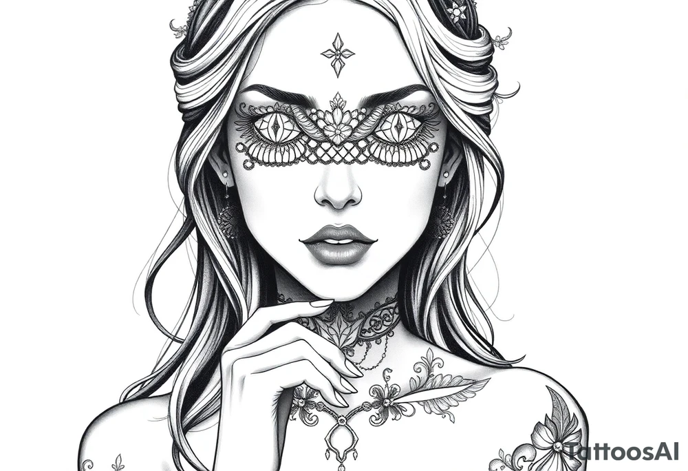 Fortuna as a beautiful woman with covered eyes by some material. She holds a scale tattoo idea