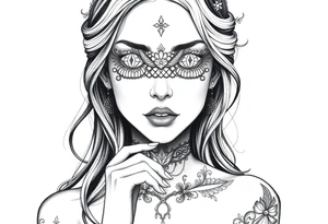 Fortuna as a beautiful woman with covered eyes by some material. She holds a scale tattoo idea