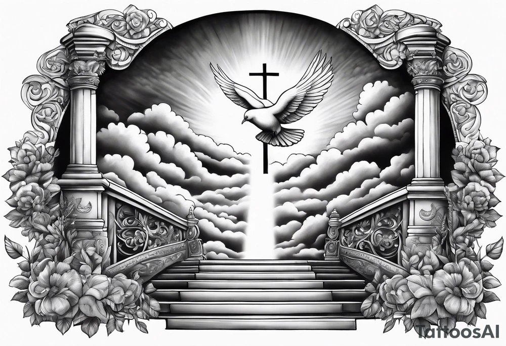 A heavenly stairway to heaven with clouds with a cross with two doves and Bible verse tattoo idea