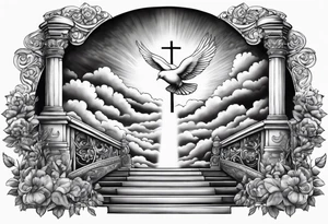 A heavenly stairway to heaven with clouds with a cross with two doves and Bible verse tattoo idea