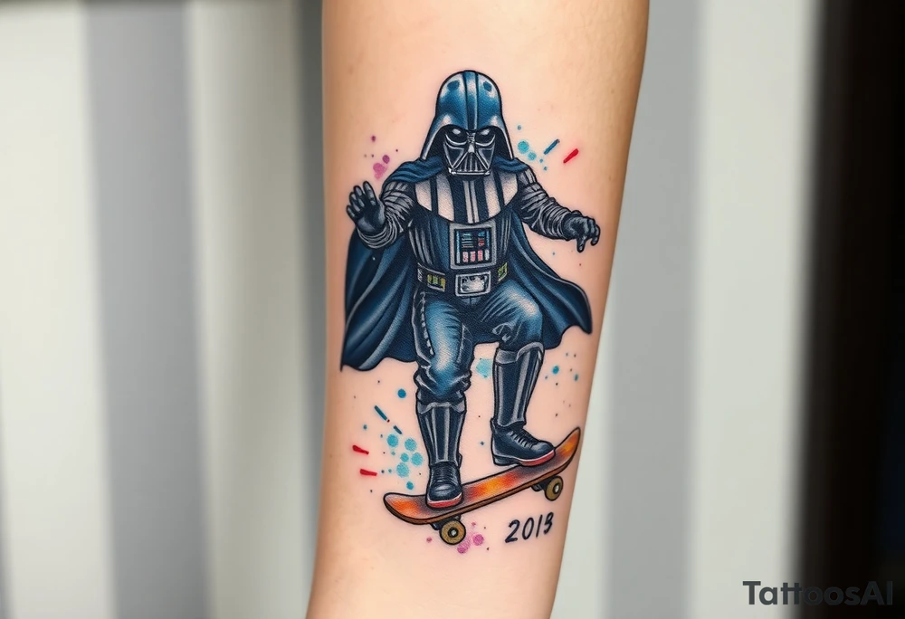 Darth Vader skateboarding with gun> bullets > memorial > god > colors > futuristic 
add name "Darth Carter" on skateboard
add date in loving memory 12/29/88-01/06/24 tattoo idea
