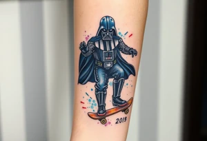 Darth Vader skateboarding with gun> bullets > memorial > god > colors > futuristic 
add name "Darth Carter" on skateboard
add date in loving memory 12/29/88-01/06/24 tattoo idea