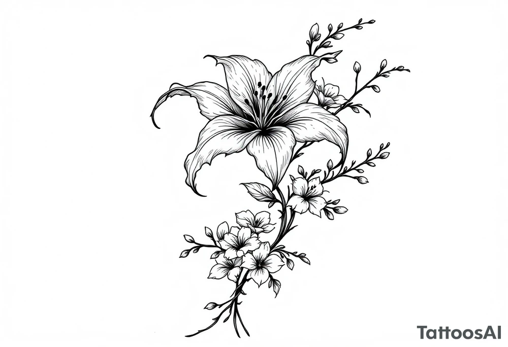 the flower spider lily from demon slayer and add cherry blossoms wrapped around upper arm tattoo idea