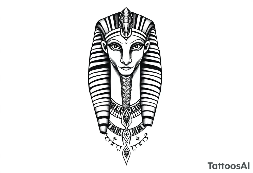 Tatuagem egípcia feminina detalhada, de um falcão representando a forma animal do deus egipicio Horus  segundo a mitologica egipicio, com adornos e simbolos tradicionais egípicios, a figura está em posição frontal, com detalhes hieroglíficos sutis ao redor, integrados harmonicamente. Fundo minimalista, inspirado em papiro antigo, com tons terrosos suaves. Estilo artístico com traços finos, sombra leve para destacar volume, ideal para a parte frontal da canela, transmitindo elegância e misticismo. tattoo idea