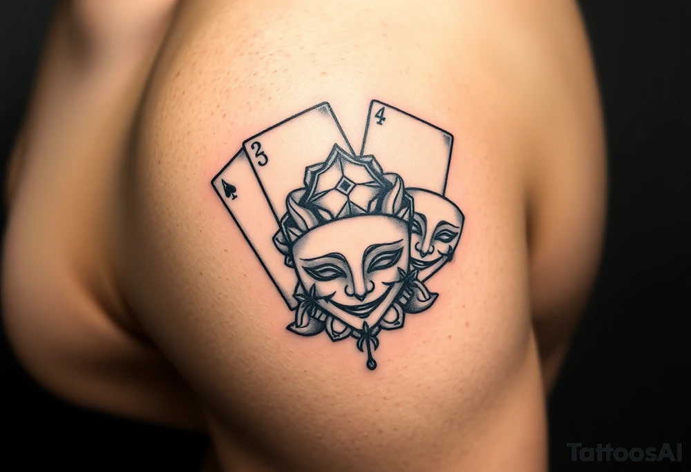 5 playing cards surrounded by twin Gemini zodiac sign and smile now cry later masks tattoo idea