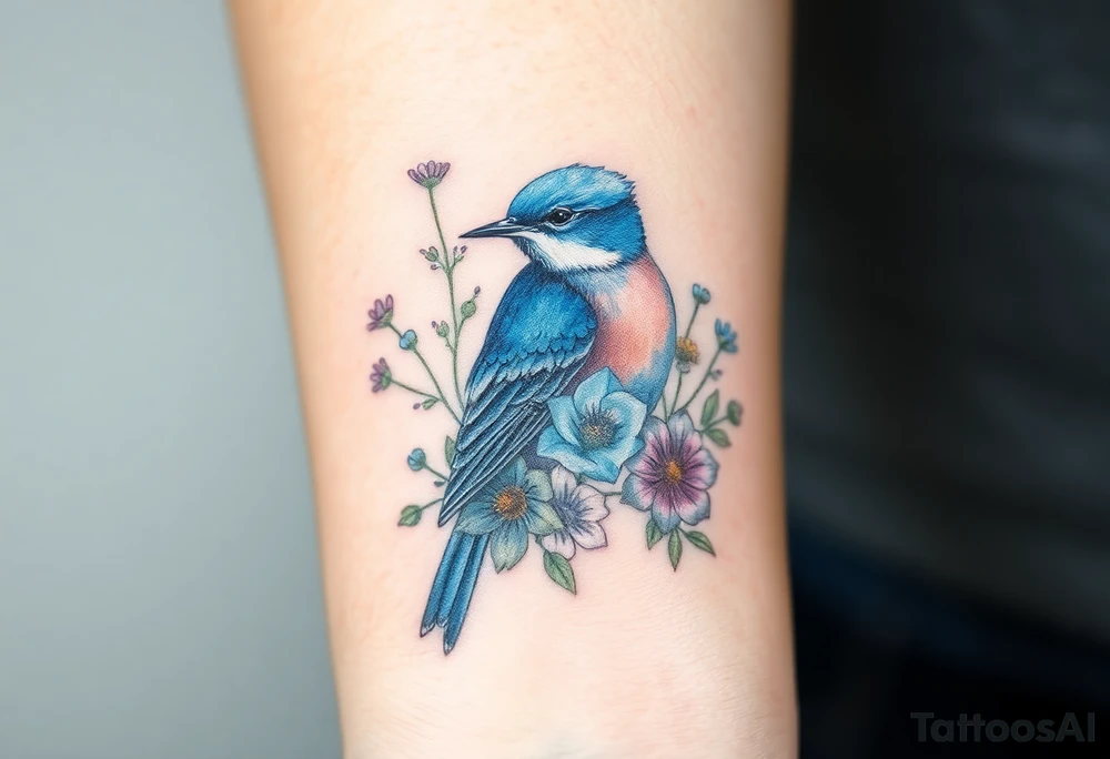 Bluebird with wild flowers tattoo idea