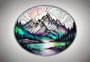 northern lights mountain circle shaped tattoo idea