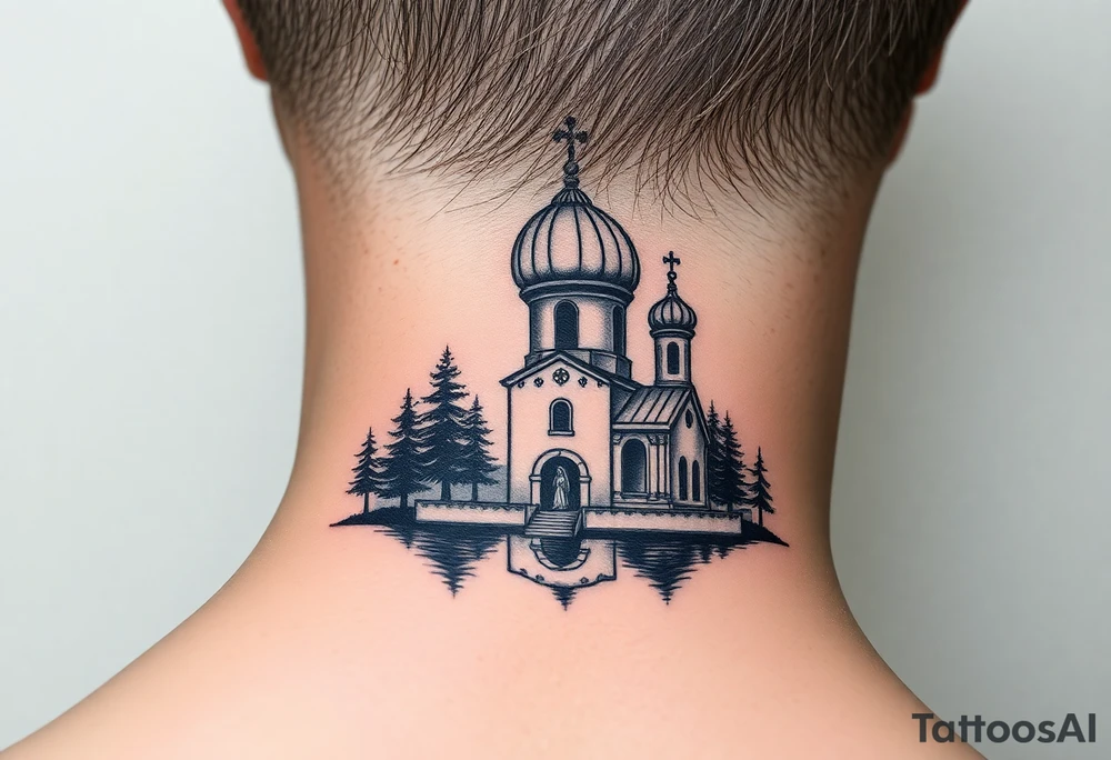 medium sized russian orthodox dome church with a separated virgin mary praying beside a lake and pine trees on the sized of my neck tattoo idea