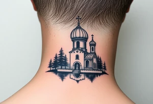 medium sized russian orthodox dome church with a separated virgin mary praying beside a lake and pine trees on the sized of my neck tattoo idea