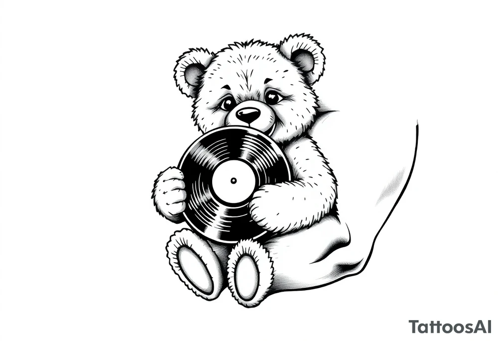 smiling teddy bear holding a vinyl record tattoo idea