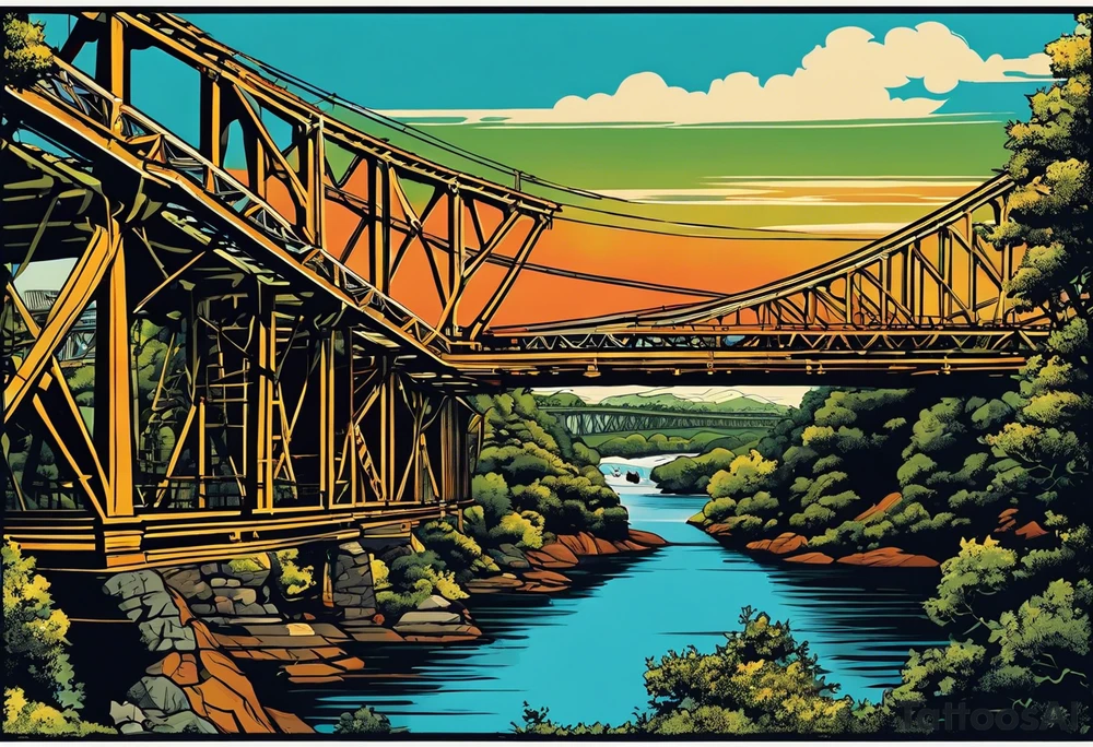 70's poster art, pop art, simple, view from under steel truss cantilever bridge tattoo idea
