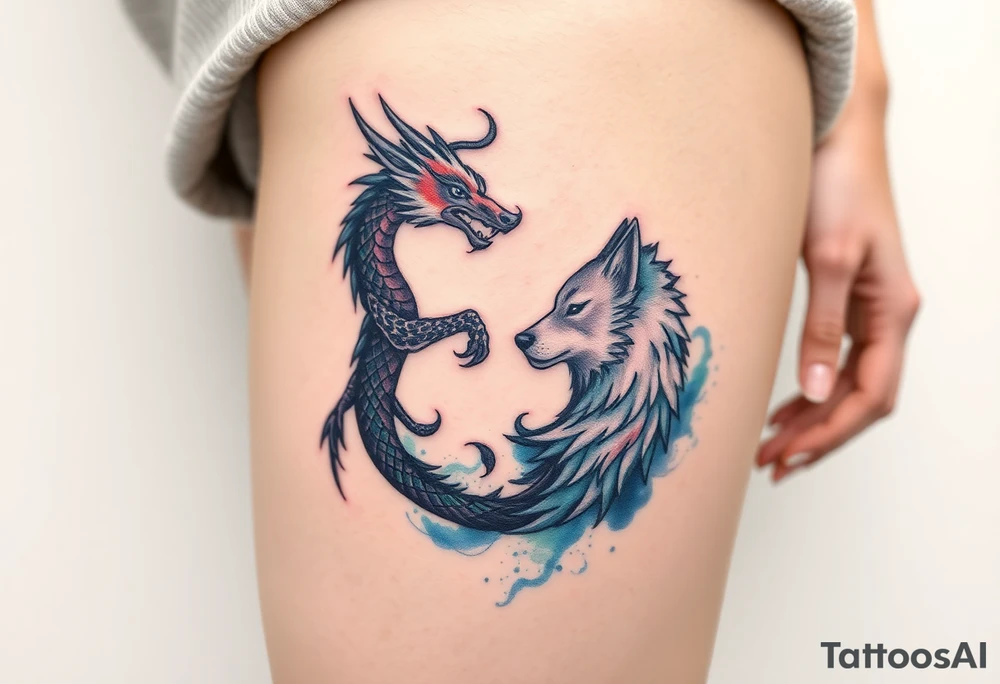 Ying yang symbol with one side a dragon and one side a wolf tattoo idea