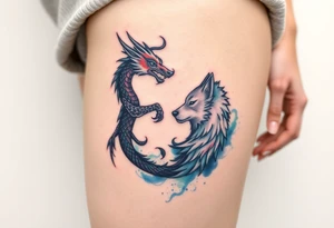 Ying yang symbol with one side a dragon and one side a wolf tattoo idea