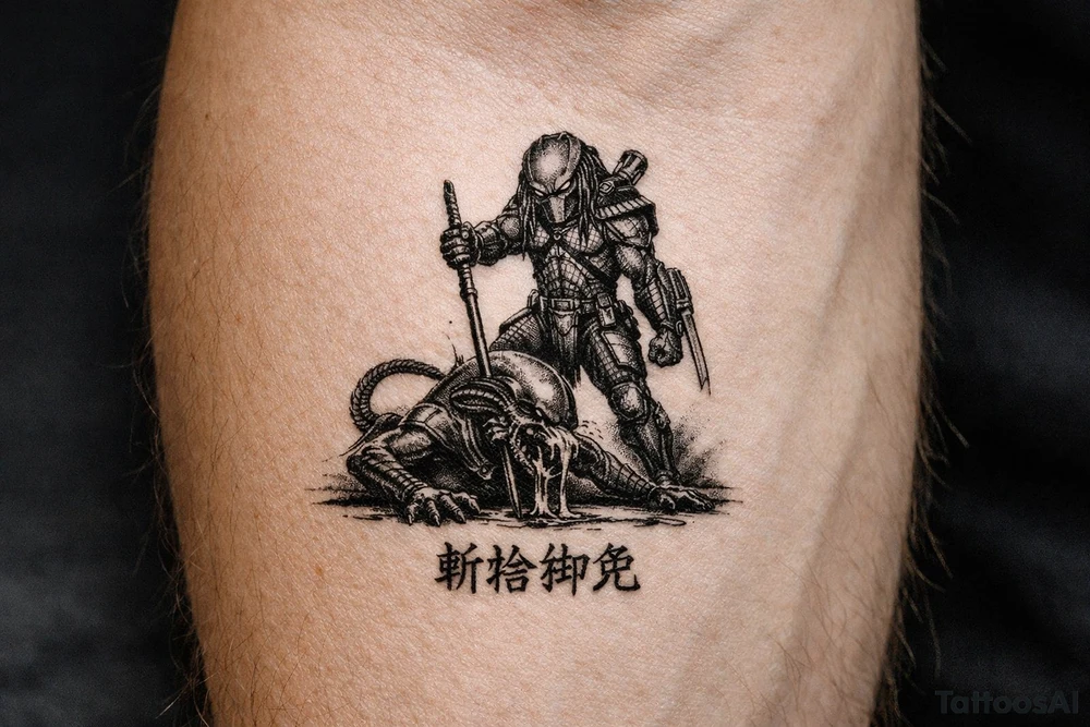 predator killing alien, alien is crawling from the ground. Predator stands up tall, driving his spear with his right hand through the xenomorphs big head with acid coming down, the spear nails the head to the ground. The predator's left shoulder has its laser gun pointed down. the Left forerarm has its famous doubled blade out. Below the image the japanese inscription for kirisute gomen tattoo idea