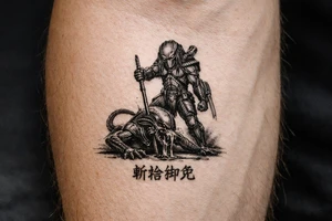 predator killing alien, alien is crawling from the ground. Predator stands up tall, driving his spear with his right hand through the xenomorphs big head with acid coming down, the spear nails the head to the ground. The predator's left shoulder has its laser gun pointed down. the Left forerarm has its famous doubled blade out. Below the image the japanese inscription for kirisute gomen tattoo idea