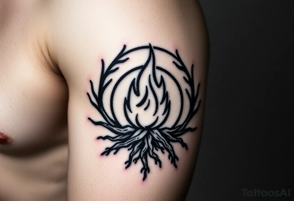 a round flame imprisoned in a roots circle tattoo idea