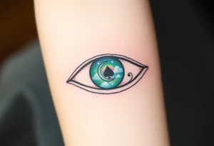 Large outline of an almond shaped eye with an ace of spades for the eyeball colored greenish blue with a crescent moon stars and clouds inside vivid colors blue green purple tattoo idea