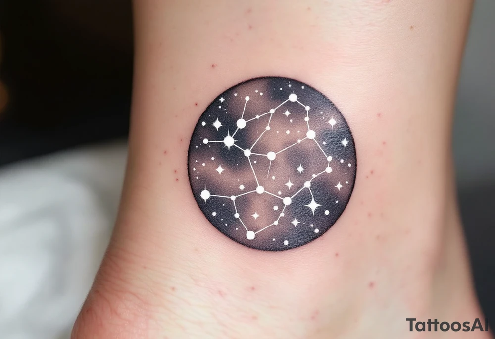 A minimal dotwork design with white ink Sagittarius stars constellation in a circle of smoky gray shading. tattoo idea