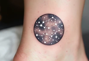 A minimal dotwork design with white ink Sagittarius stars constellation in a circle of smoky gray shading. tattoo idea