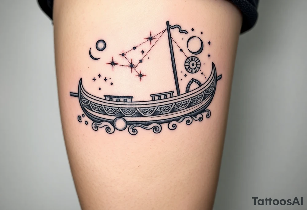 Nordic boat with cosmic sky and celestial details tattoo idea