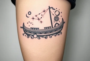 Nordic boat with cosmic sky and celestial details tattoo idea