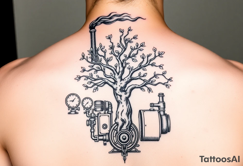 tree growing out of a v shaped engine with lots of pipes, guages and steam around the engine 
 with a smoke stack coming out of the top of the tree that has several little branches with leaves on it 
 billowing black smoke with a steam punk vibe tattoo idea