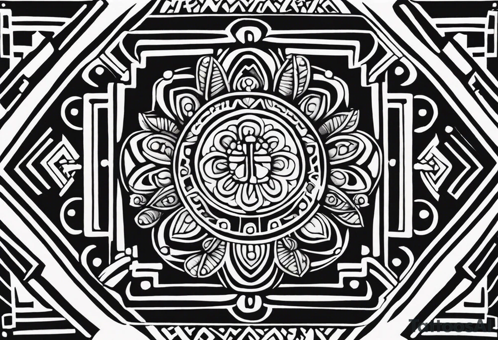 Create a masculine mayan tattoo design carved in stone featuring three flower buds of Gypsophila spp. The design should incorporate sharp, geometric patterns inspired by ancient Mayan glyphs and carvings, emphasizing strength and symmetry. The flower buds should be stylized with angular, bold lines, set within intricate, sacred Mayan motifs. The overall design should evoke harmony and balance, symbolizing the calming frequency of 432 Hz through symmetrical and flowing element tattoo idea