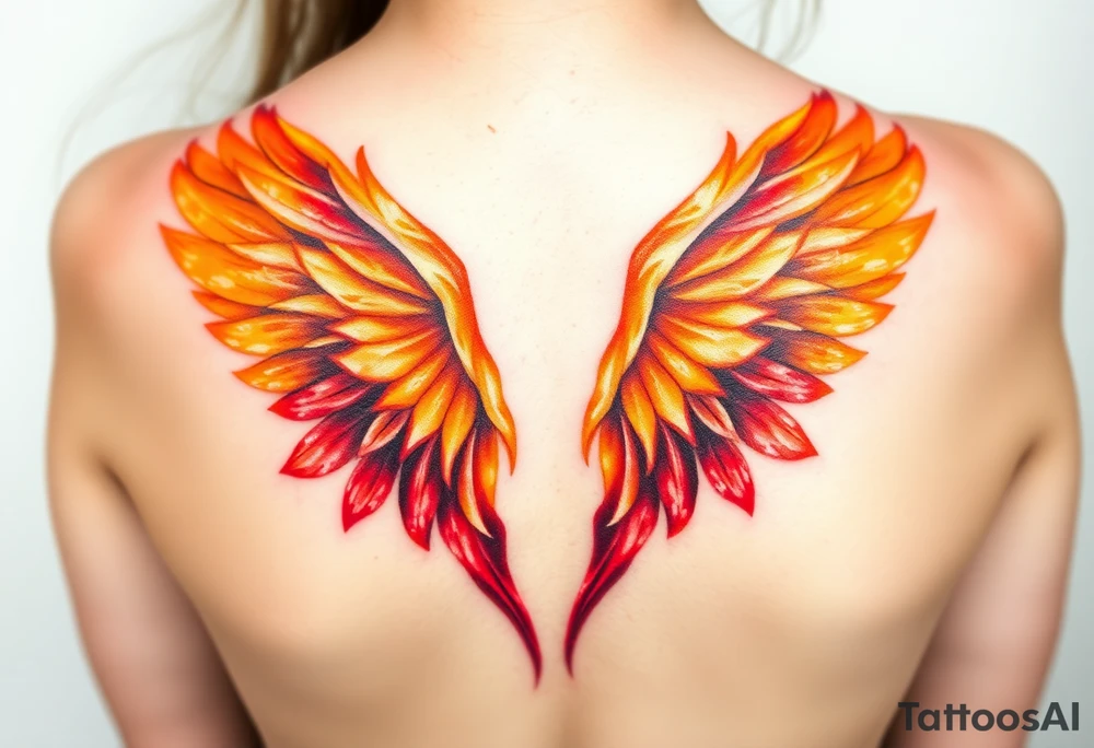 A pair of wings made from fire, transitioning from deep red at the base to golden yellow at the tips, symbolizing strength and courage. tattoo idea