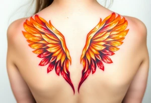 A pair of wings made from fire, transitioning from deep red at the base to golden yellow at the tips, symbolizing strength and courage. tattoo idea