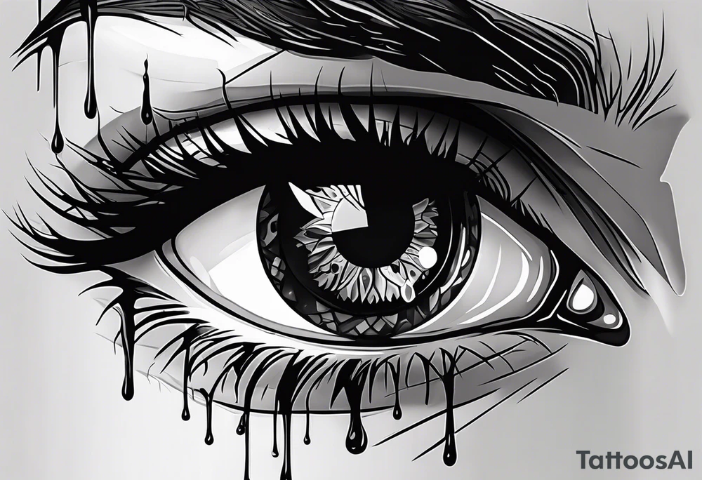 A realistic human eye crying tears of blood with a reflection of two black shadows or people holding guns at two wounded people on the floor tattoo idea