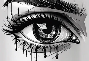 A realistic human eye crying tears of blood with a reflection of two black shadows or people holding guns at two wounded people on the floor tattoo idea