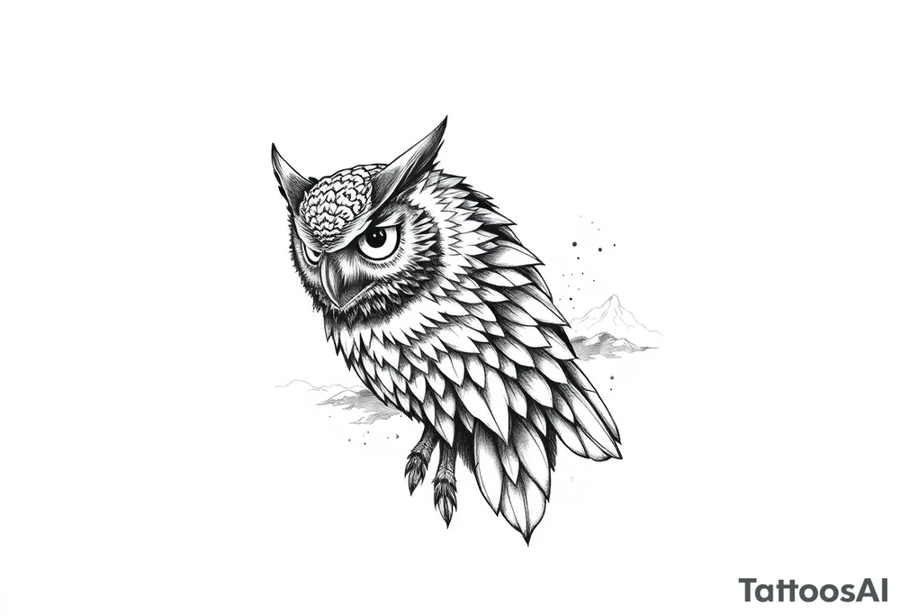 an owl,a compass,landscape. tattoo idea