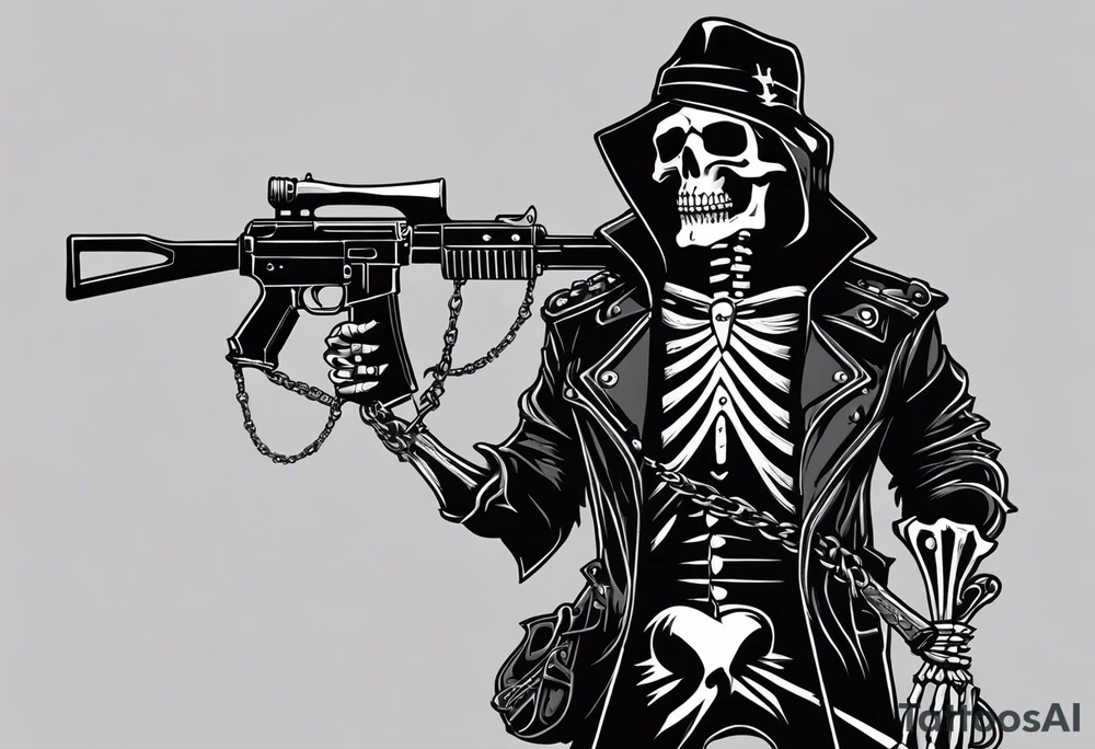 image of a skeleton standing frontally with a crown on his head, holding an AK-47 on his shoulder with his right hand. The chain on the left should be taut, there are three angry barking Dobermans in it, near the waist tattoo idea