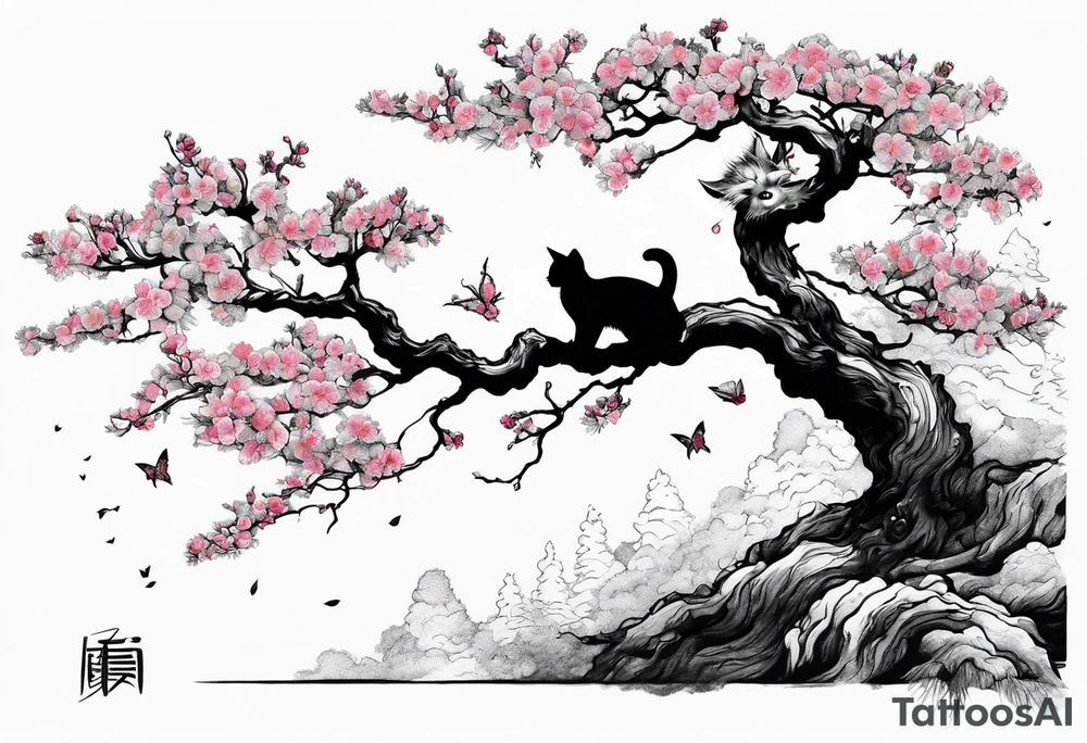 elongated cherry blossom branch meeting with a dying pine tree with hidden cute demon cat tattoo idea