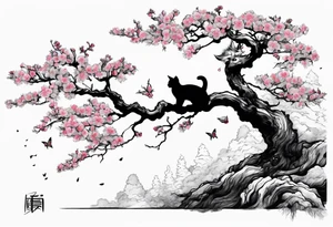 elongated cherry blossom branch meeting with a dying pine tree with hidden cute demon cat tattoo idea