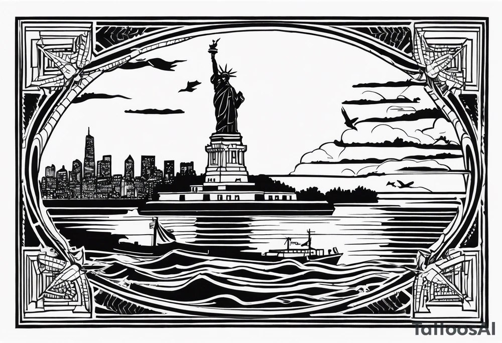Left sleeve tattoo for a man who was in the Coast Guard on September 11, 2001 Statue of Liberty Milton Hershey school, Pennsylvania, two daughters tattoo idea