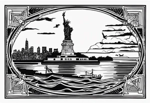 Left sleeve tattoo for a man who was in the Coast Guard on September 11, 2001 Statue of Liberty Milton Hershey school, Pennsylvania, two daughters tattoo idea
