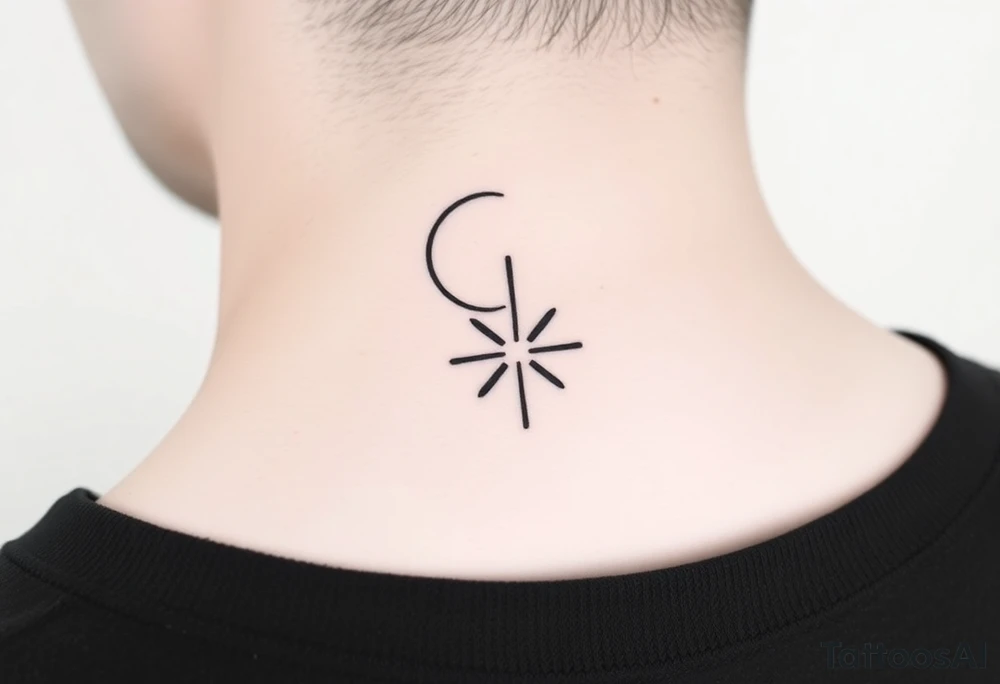 A minimalist crescent moon neck tattoo positioned just behind the ear. The crescent moon is thin and curves to the left. A sharp vertical line extends downward from the inner curve of the moon, intersecting with a symmetrical starburst shape at the center of the line. The starburst has four points — the top and bottom points are elongated, while the horizontal points are shorter, giving it a sleek and modern look. The design features clean, thin lines with a slightly hand-drawn feel, combining celestial and geometric elements. The tattoo follows the natural curve of the neck, giving it an elegant and balanced appearance. tattoo idea