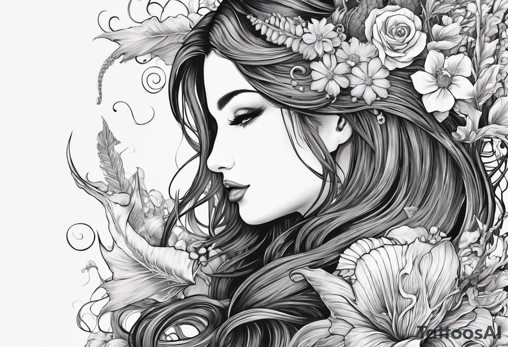 Mermaid face and half body looking at seahorse both on side profile. Trident near hair, horns coming from head. Flowers and reeds, tattoos on skin, big lips and eyes tattoo idea