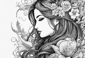 Mermaid face and half body looking at seahorse both on side profile. Trident near hair, horns coming from head. Flowers and reeds, tattoos on skin, big lips and eyes tattoo idea