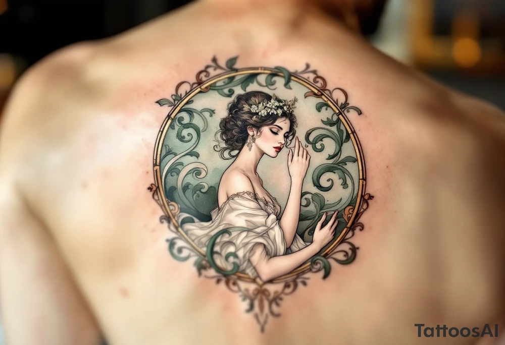 Alfons Mucha’s timeless beauty in a pearl-white gown, framed by sage green swirls and delicate rose gold detailing. tattoo idea