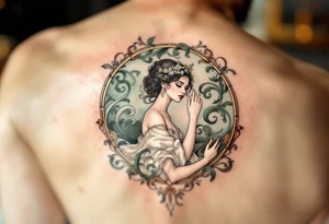 Alfons Mucha’s timeless beauty in a pearl-white gown, framed by sage green swirls and delicate rose gold detailing. tattoo idea