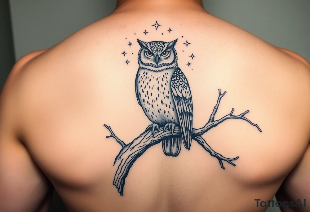 wise owl perched on ancient oak branch under starlit sky tattoo idea