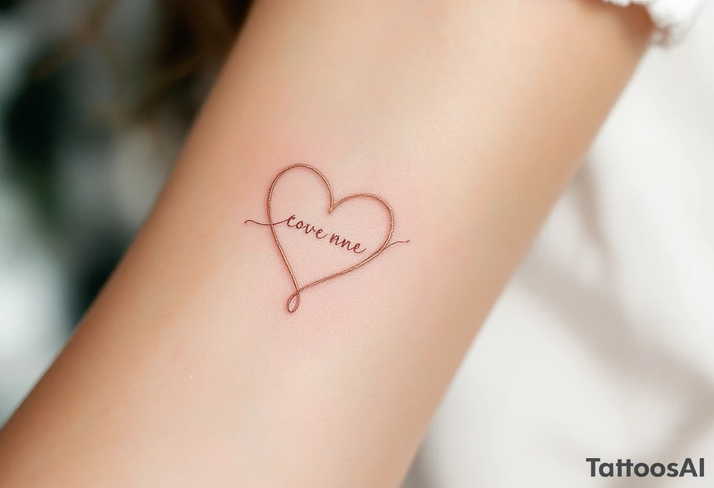 A delicate, outline heart with a flowing ribbon, containing the couple’s names in elegant cursive, with soft pastel pink and gold accents. tattoo idea