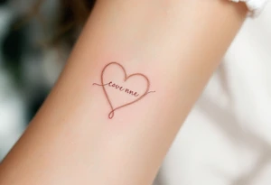 A delicate, outline heart with a flowing ribbon, containing the couple’s names in elegant cursive, with soft pastel pink and gold accents. tattoo idea