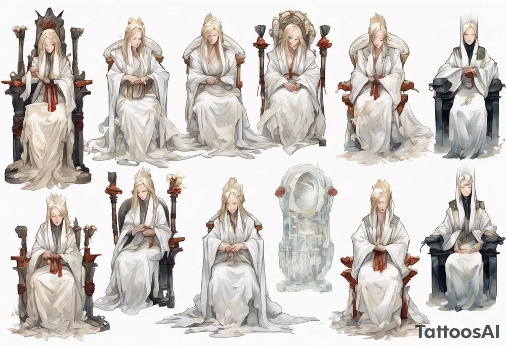 medieval Cate Blanchett dressed in white robes, sitting on a throne, weeping tattoo idea