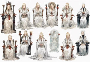 medieval Cate Blanchett dressed in white robes, sitting on a throne, weeping tattoo idea