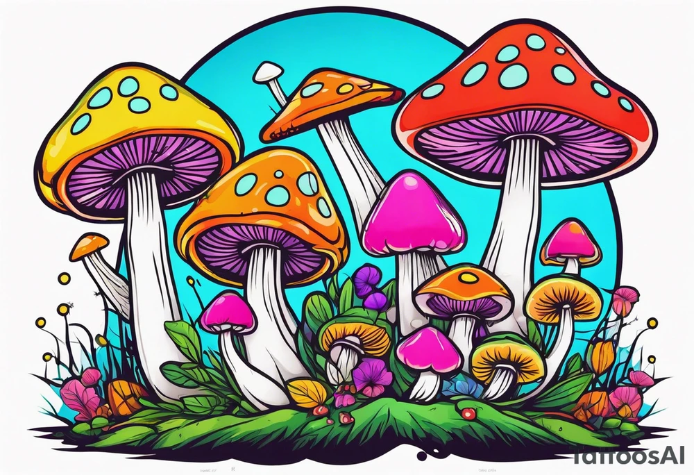 Fairies on mushrooms neon colors tattoo idea