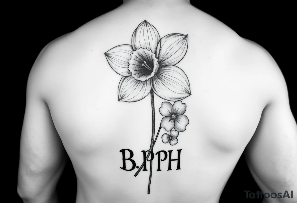 A daffodil with pussy willow flower and a clover with the initials B P H tattoo idea