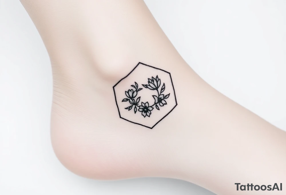 Hexagon with astrological sign for Leo, larkspur and water lilies in the center tattoo idea